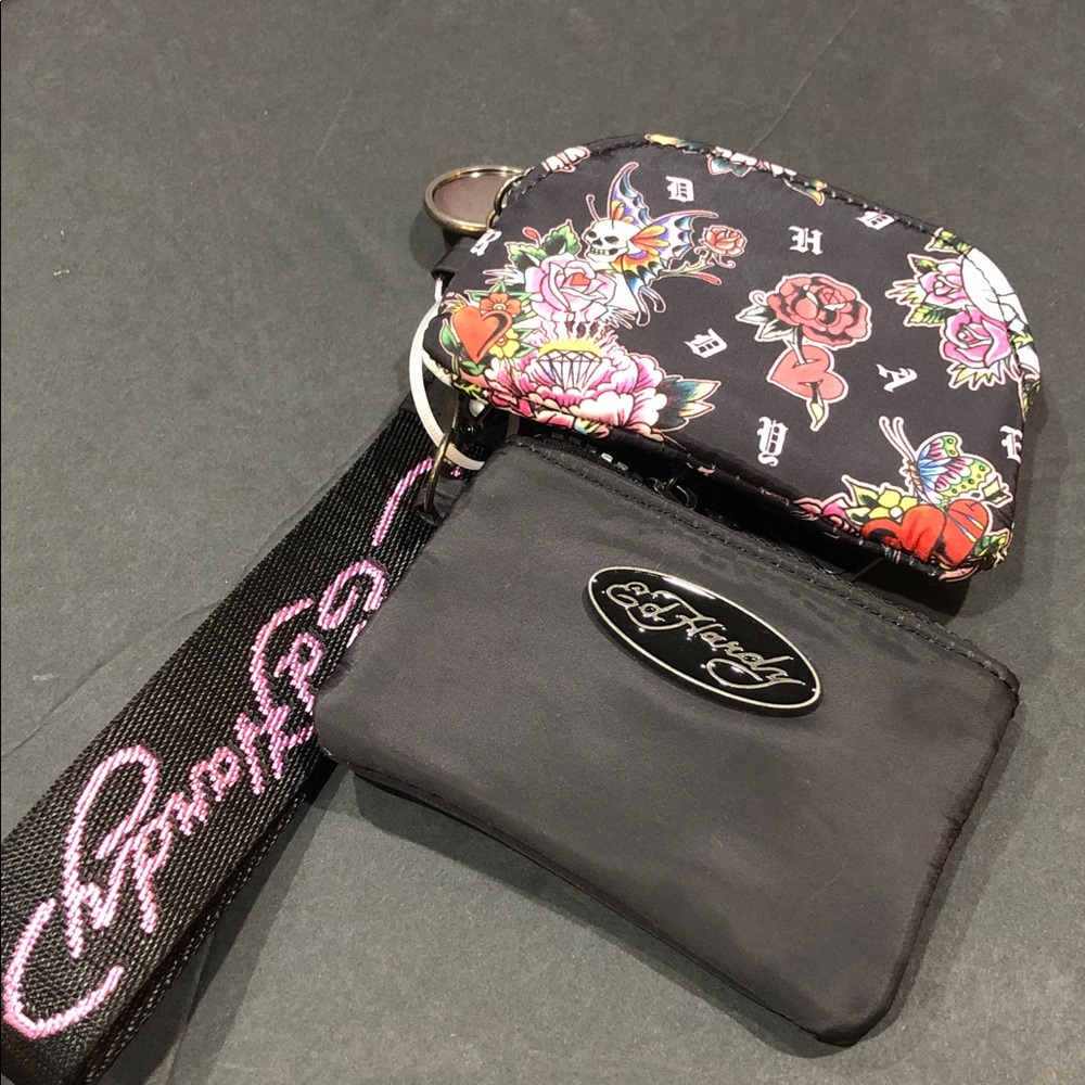 Ed Hardy 2pack black floral print mini coin wallet case wristlets and charms new